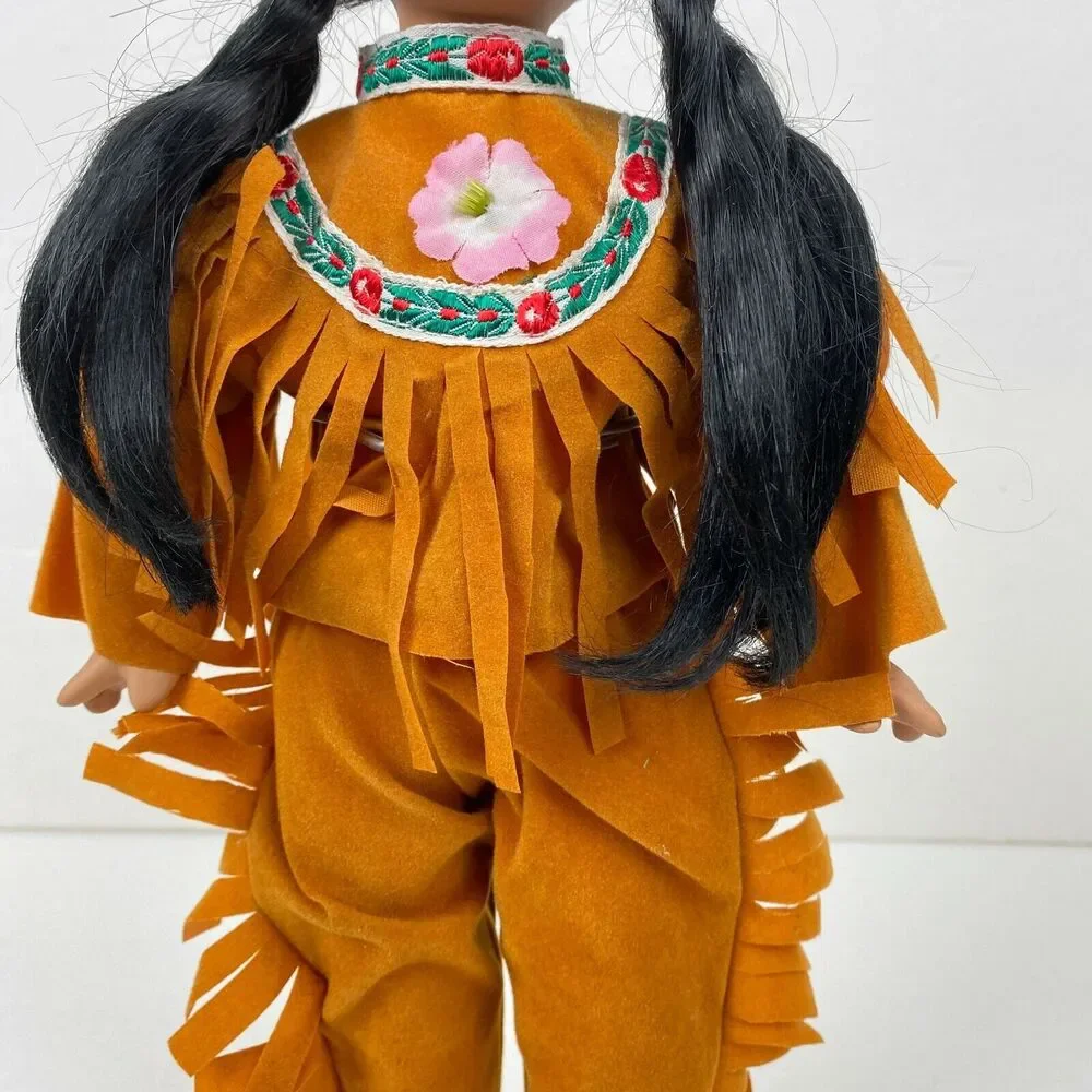 Native American Porcelain Girl Doll Fringe Pants & Top Embroidery Trim 14